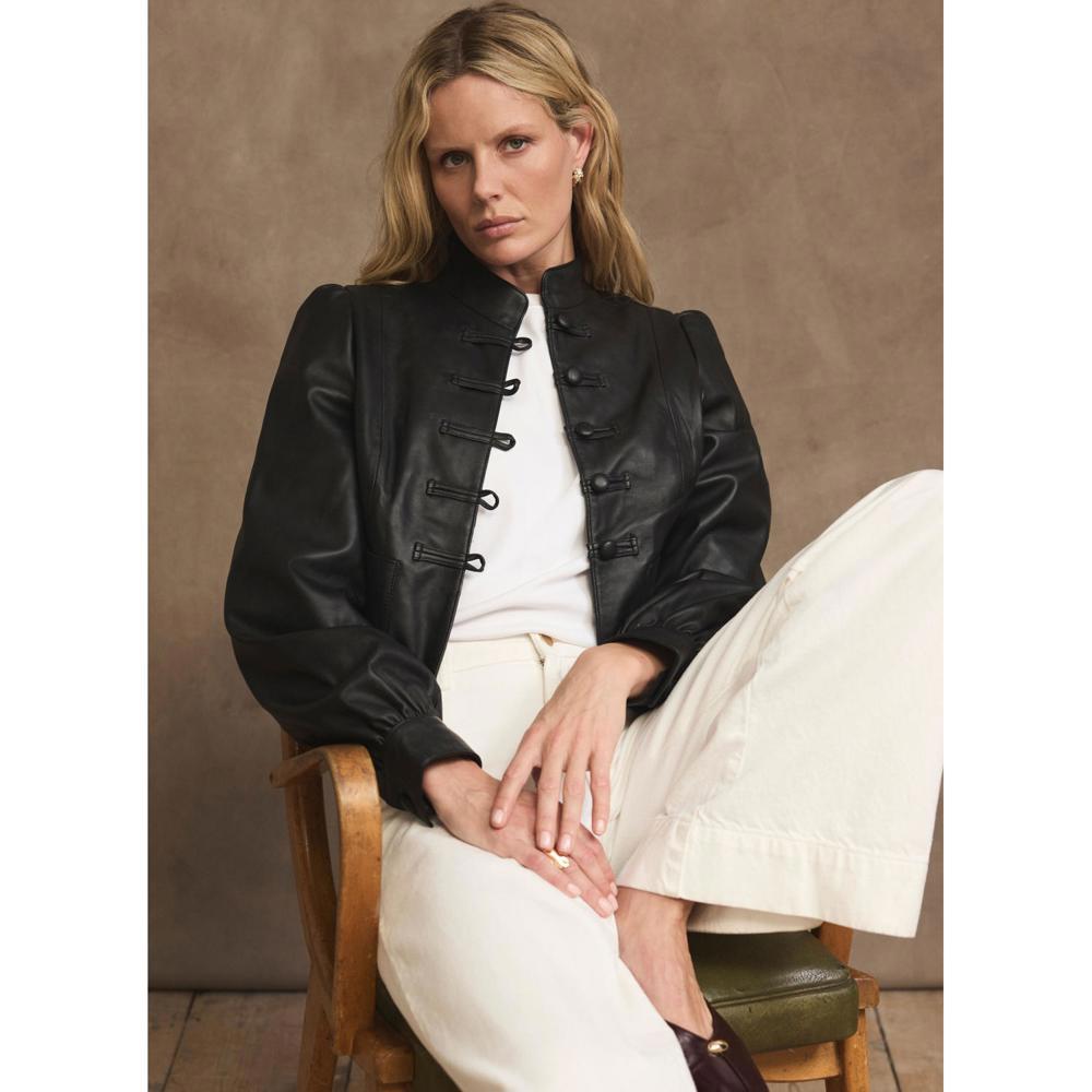 Mint Velvet Black Leather Puff Sleeve Jacket